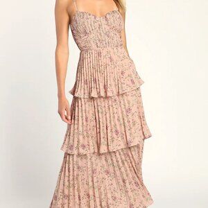 Lulus Cascading Crush Pink Floral Print Tiered Bustier Midi Dress